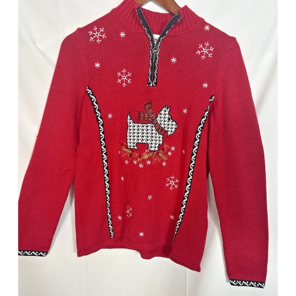 Christopher & Banks Sweaters - Vintage Womens Red Houndstooth Scottish Terrier Dog Christmas Sweater Size S